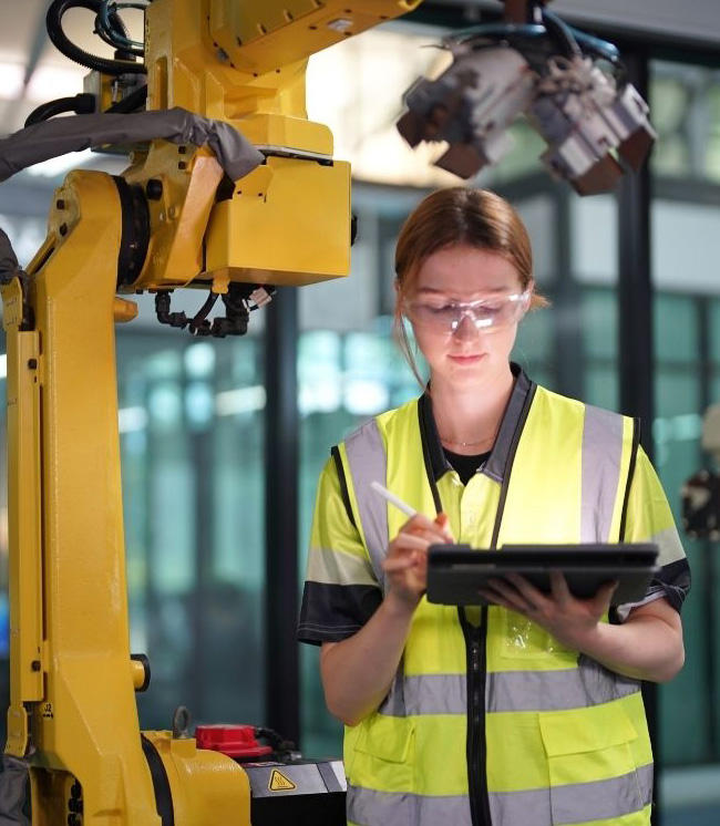 Auto mechanic reviewing shop management data on a tablet