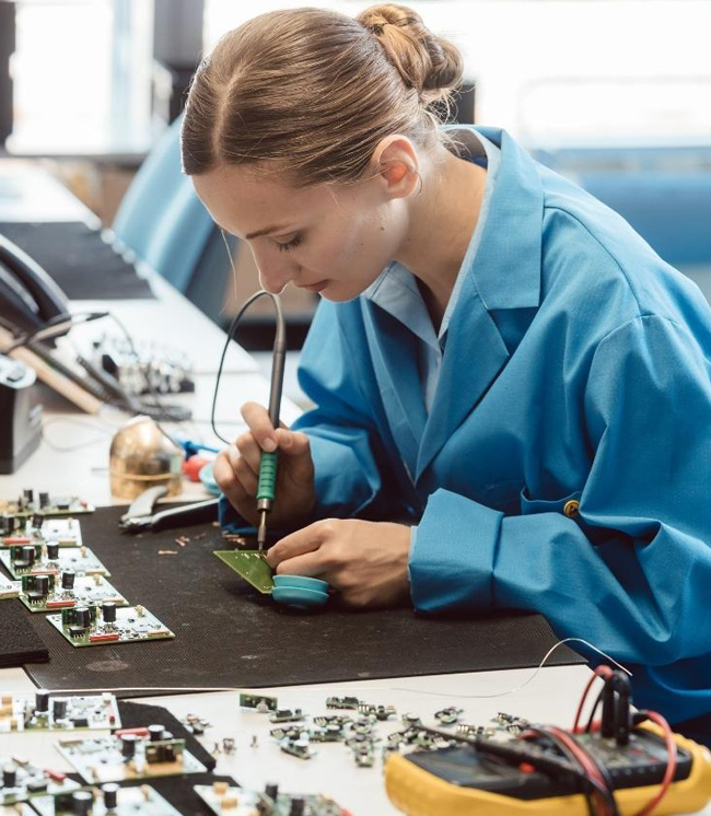 Factory manager reviewing production costs on a digital dashboard